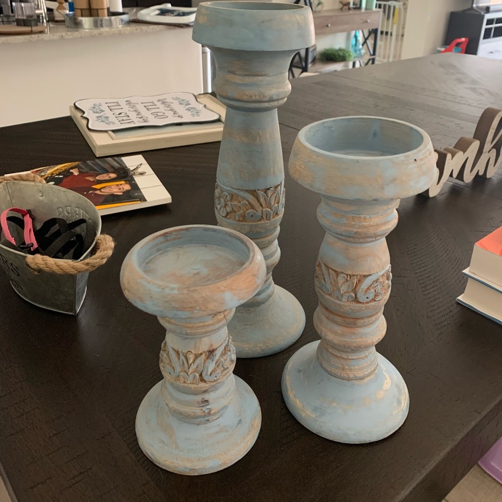 3 piece candle stick set wooden
